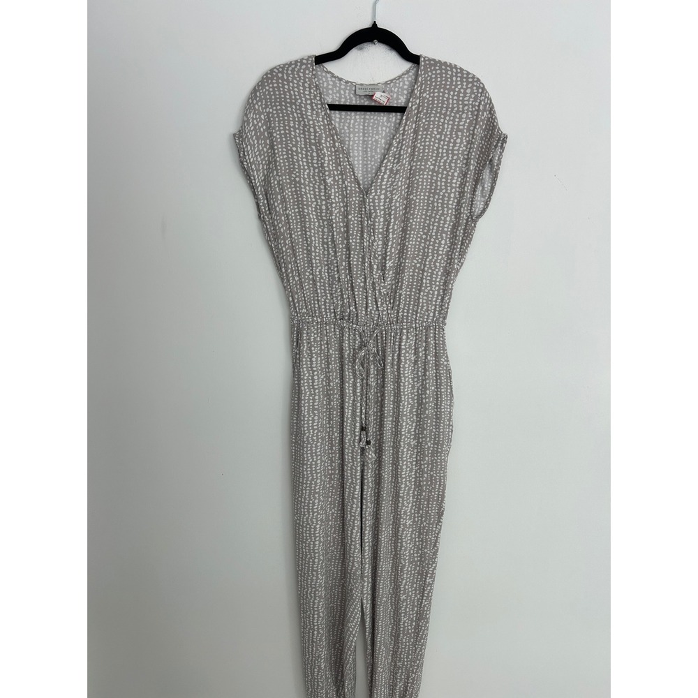 NWT Dress Forum Los Angeles Taupe White Dotted‎ Jumpsuit V-Neck Jogger Small